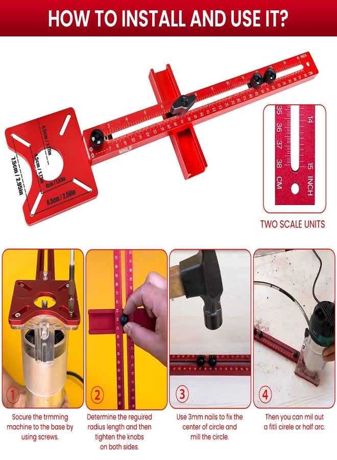 Serplex حامل توجيه وطحن وتفريز من سبائك الألومنيوم من سيربلكس 4 في 1، أداة قطع دائرية متعددة الوظائف، دليل لأدوات الخزائن، أداة قابلة للتعديل لأعمال النجارة، قطعتان - Image 4